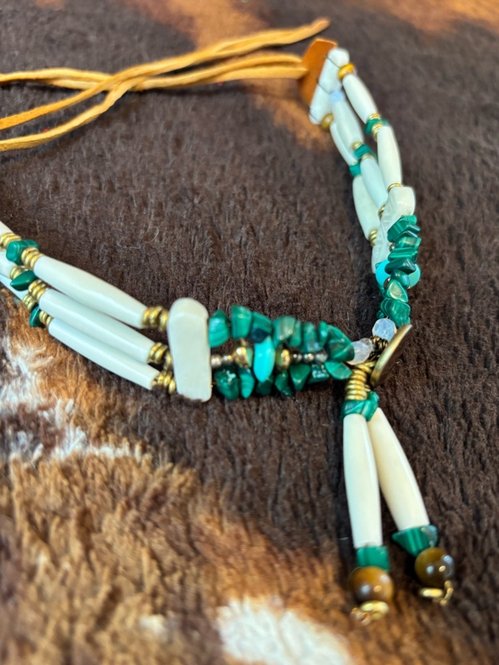 Handmade Jade & buffalo bone choker with leather tie